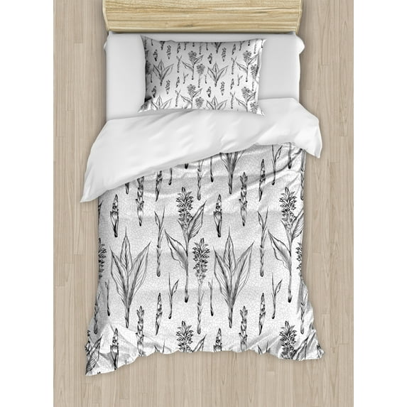 Sketch Duvet Cover Set Twin Size, Illustrations of Turmeric Plant Roots Hand Drawn Like Botanical Garden Artwork, Decorative 2 Piece Bedding Set with 1 Pillow Sham, Grey and White, by Ambesonne