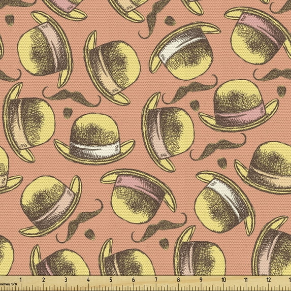 Sketch Fabric by the Yard, Hats and Mustaches in Vintage Style Drawn by Hand Retro Masculine Themed, Decorative Upholstery Fabric for Chairs & Home Accents, 2 Yards, Salmon and Multicolor by Ambesonne