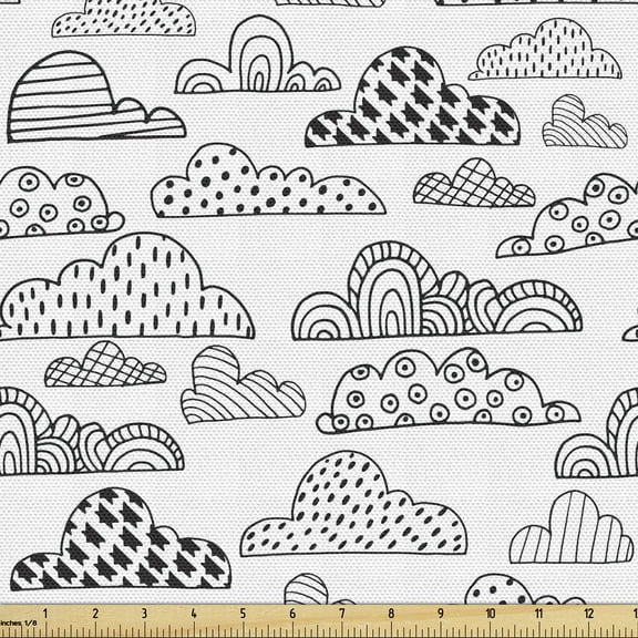 Sketch Fabric by the Yard, Monochromatic Hand Drawing of Simplistic Abstract Design Clouds Print, Decorative Upholstery Fabric for Chairs & Home Accents, 2 Yards, Charcoal Grey and White by Ambesonne