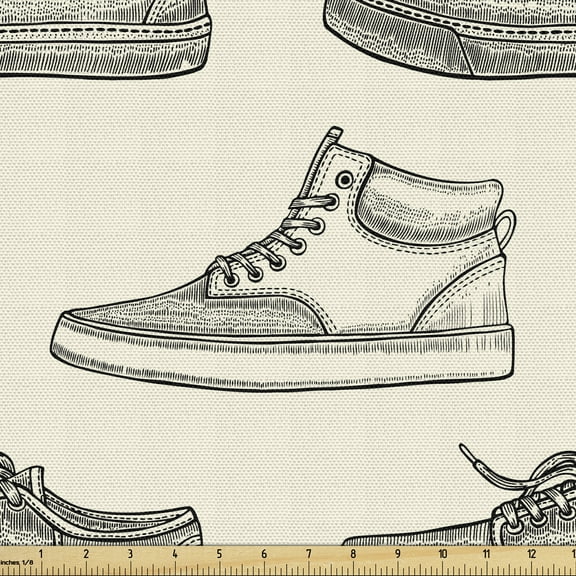 Sketch Fabric by the Yard, Repeating Illustration of Hand Drawn Outline Retro Shoes Sneakers Fashion Print, Decorative Upholstery Fabric for Sofas Home Accents, 10 Yards, Black Ivory by Ambesonne