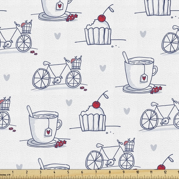 Ambesonne Sketch Fabric by the Yard Upholstery, Retro Bicycle and Cupcake, 5 Yards, Multicolor