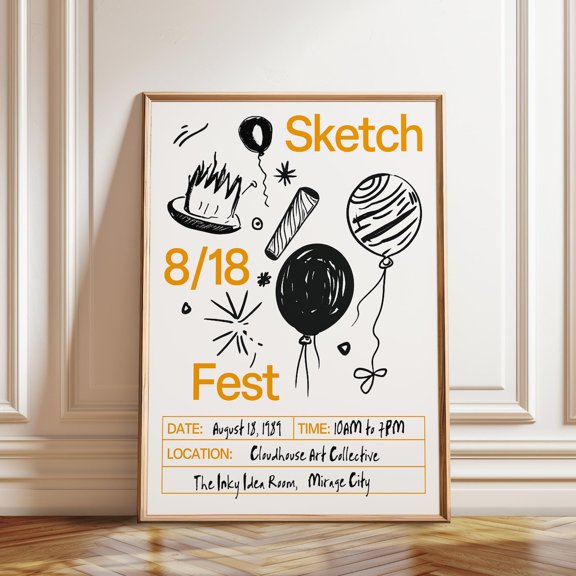 Sketch Fest Balloon Party Doodle Wall Art Decoration, Unframed Poster