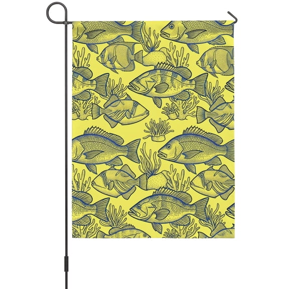 Sketch Fish Garden Flag 12 x 18 Inches, Animal Rustic Coral Reef Yellow Gray Coastal Weather Proof Outdoor Patio Flags Double Sided Small Garden Decoration for Yard Outside Home