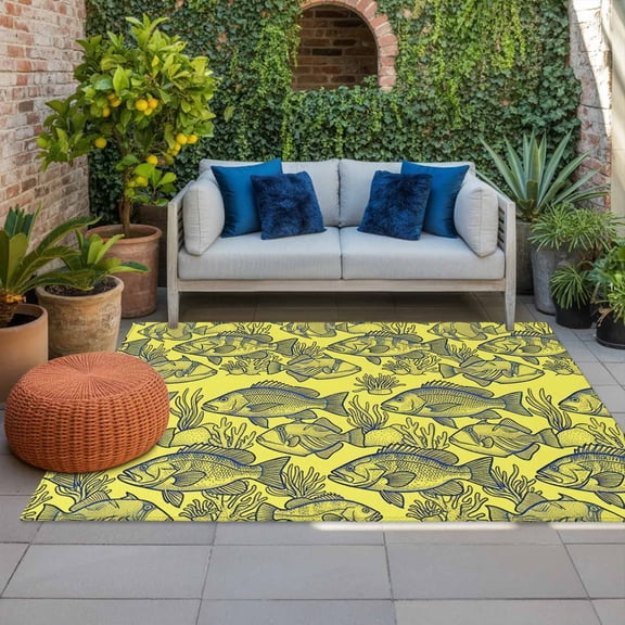 Sketch Fish Indoor Outdoor Rugs 3x5 Ft, Animal Rustic Coral Reef Yellow Gray Coastal Outdoor Patio Rugs Mat Washable Outside Area Rugs Carpet for Porch Deck RV Camping Pool Balcony Backyard