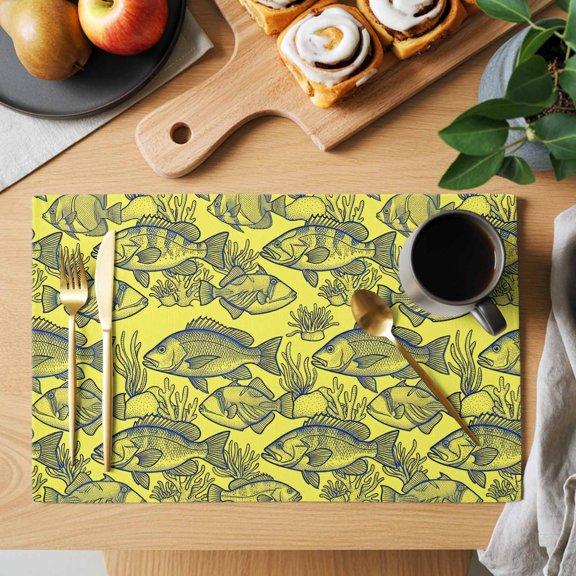 Sketch Fish Placemats Set of 1, Animal Rustic Coral Reef Yellow Gray Coastal Non-Slip Place Mats Washable Table Mats for Kitchen Dining Table Decorations Indoor/Outdoor