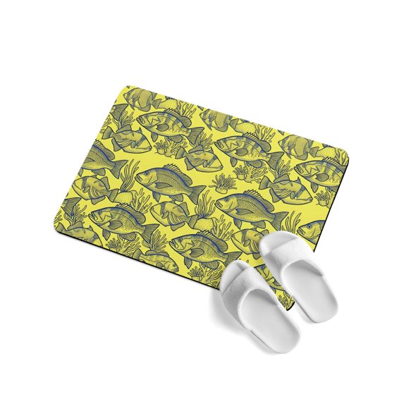 Sketch Fish Soft Diatomaceous Earth Mat, Animal Rustic Coral Reef Yellow Gray Coastal Absorbent Bath Mat Non Slip Rubber Backed Quick Dry Doormat Fit Under Door for Bathroom Kitchen 16"x24"