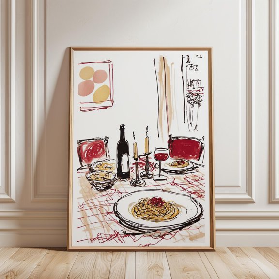 Sketch Food Illustration Italian Dinner Scene Kitchen Wall Decor Print, Unframed Paper Poster 8x10in