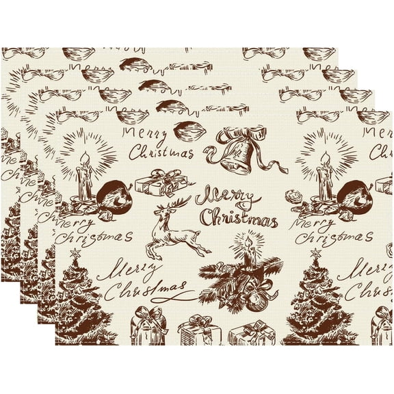 Sketch Freehand Snowman Tree Deer Christmas Winter Xmas Cloth Placemats Set of 4 Table Mats Table Decorations 12x18 Inch
