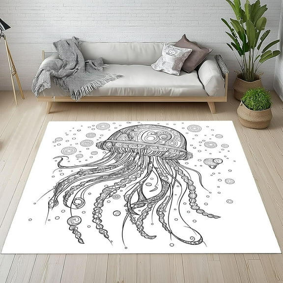 Sketch Jellyfish Rug, Hand Drawn Marine Life Area Rug For Bedroom, Ocean Sea Creature Carpet Low Pile Non Slip Soft Washable Rug For Living Room Playroom Children's Room Office 1x2ft