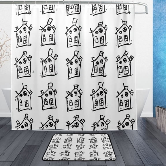 Sketch Of A Small House Bathroom Accessory Sets Waterproof Shower Curtain with Anti-Slip Bath Mat Durable Combo