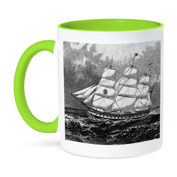 Sketch Of Vintage World Class Sailing Ship, 11oz Two-Tone Green Mug