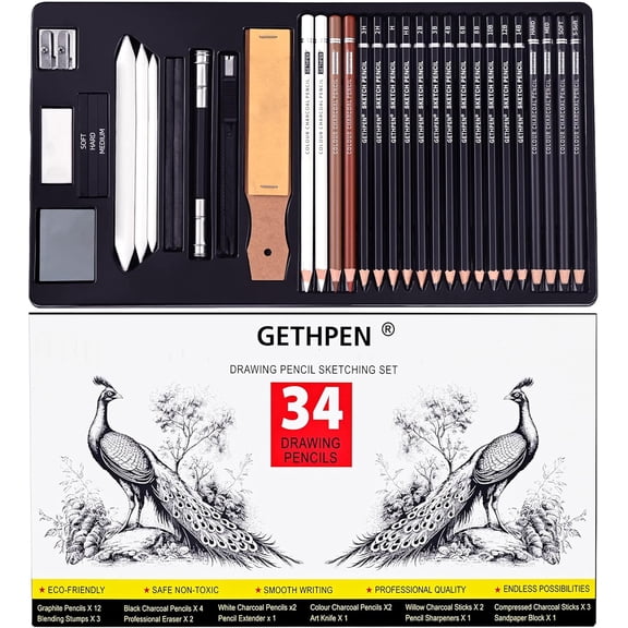 Sketch Pencils for Drawing,34 Pcs,Graphite Pencil (14B-4H), Charcoal Pencil,With Graphite Sticks, Erasers and Sharpener, Art Pencils for Sketching,Artist Set for Beginners and Professionals