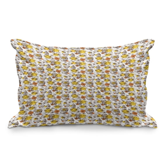 Sketch Quilted Pillowcover, Paint Splashes Flowers Bees and Honey Jars, Standard King Size Accent Pillow Cover for Bedroom, 36" x 20", White Mustard Ginger, by Ambesonne