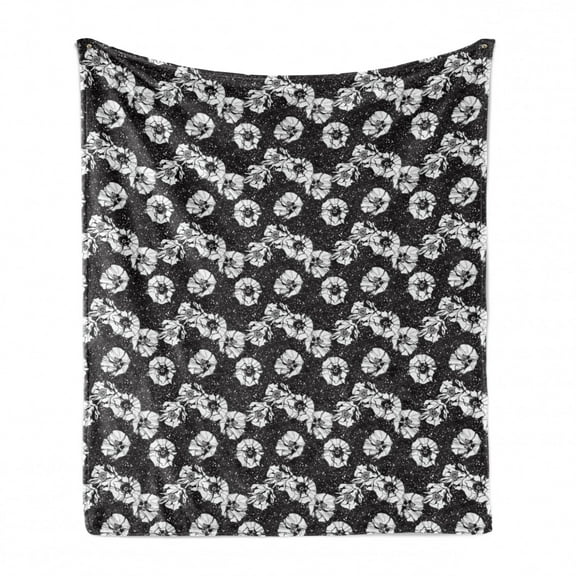Sketch Soft Flannel Fleece Blanket, Composition of a Detailed Artwork of Poppy Flowers on a Spotted Background, Cozy Plush for Indoor and Outdoor Use, 50" x 70", Charcoal Grey White, by Ambesonne