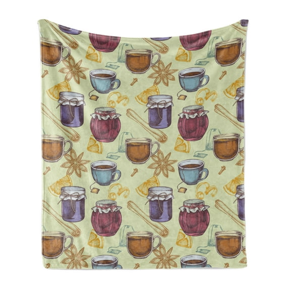 Sketch Soft Flannel Fleece Throw Blanket, Composition of Cinnamon Flowers Orange Slices Tea Bags Jars and Cups, Cozy Plush for Indoor and Outdoor Use, 50" x 60", Pastel Green Multicolor, by Ambesonne