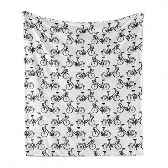 Sketch Soft Flannel Fleece Throw Blanket, Monochrome Style Drawings of Bicycles Two-wheel Items for Fun Activities, Cozy Plush for Indoor and Outdoor Use, 70" x 90", Charcoal Grey White, by Ambesonne
