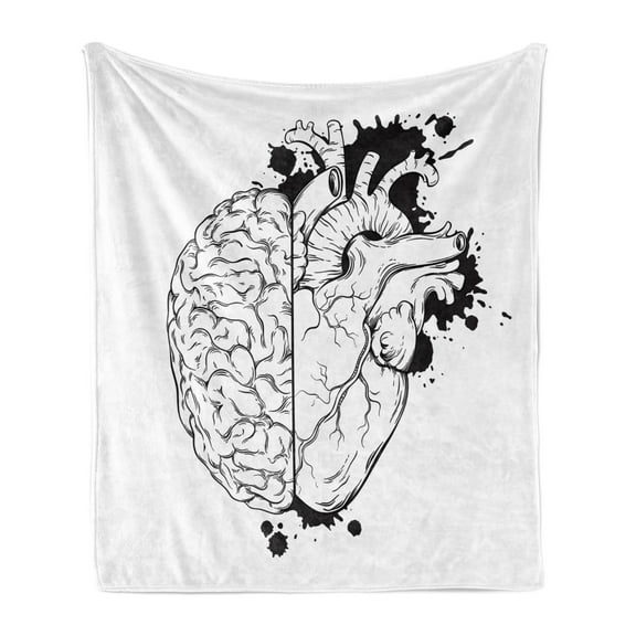 Sketch Soft Flannel Fleece Throw Blanket, Outline Hand Drawn Half Human Heart and Brain Logic and Emotion Priority, Cozy Plush for Indoor and Outdoor Use, 50" x 60", Charcoal Grey White, by Ambesonne