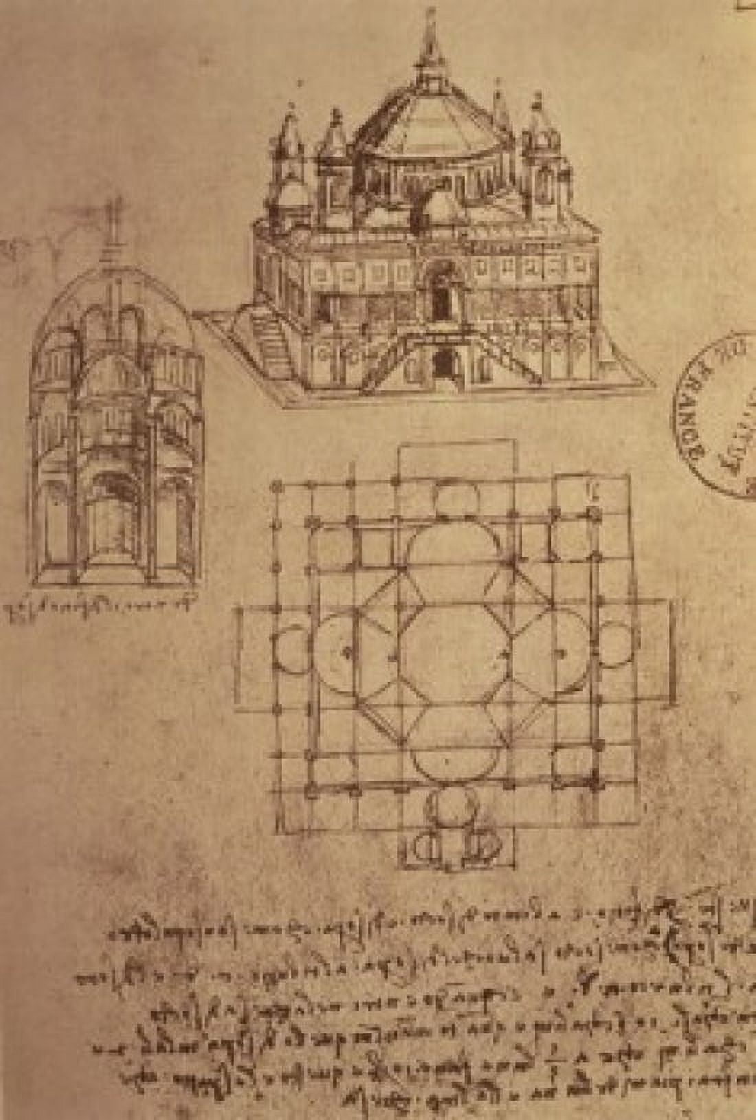 Sketch of a Square Church with Central Dome & Minaret Pen & Ink Leonardo da Vinci (1452-1519 Italian) Bibliotheque Nationale Paris Canvas Art - Leonardo da Vinci (24 x 36)