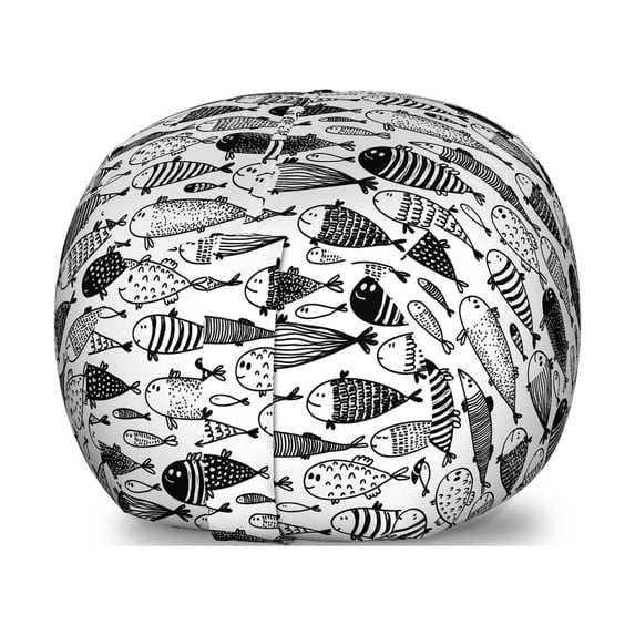 Sketch Storage Toy Bag Chair, Underwater Fishes Swimming Marine Life Animals Ocean Creatures Doodle Style, Stuffed Animal Organizer Washable Bag, Small Size, Black and White, by Ambesonne