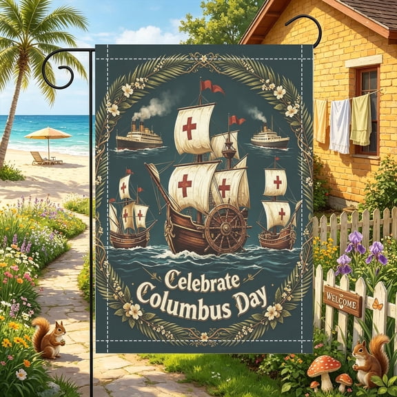 Sketch Style Double Sailboat Cursive Columbus Wording Garden Flag, 12x18 inch, Double Sided 2D Printed, Lawn Patio & Mailbox Outdoor Decor, No Flagpole