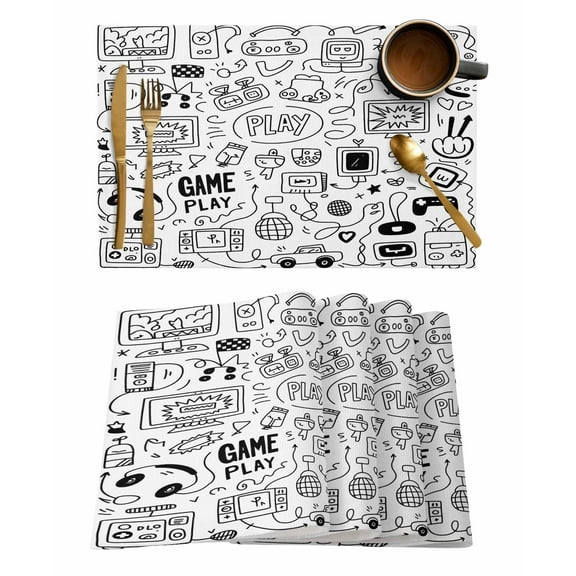Sketch Style Placemats Set of 6 Simple Computer Game Console Lines Heat Insulation Washable Place Mats, Rustic Non-Slip Table Mats for Dining Table Party Kitchen Decor,13x19 Inch