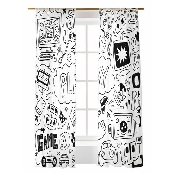 Sketch Style Sheer Curtains 2 Panels Set Simple Computer Game Console Line Lihgt Filtering Rod Pocket Voile Drape, Semi Sheer Window Curtains for Bedroom Living Room, 52"x84"