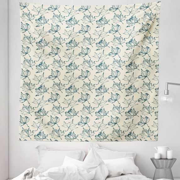 Sketch Tapestry, Leaf Silhouettes Doodle Style Scribbled Botany Motifs Drawn by Hand, Fabric Wall Hanging Decor for Bedroom Living Room Dorm, 5 Sizes, Dark Teal and Eggshell, by Ambesonne