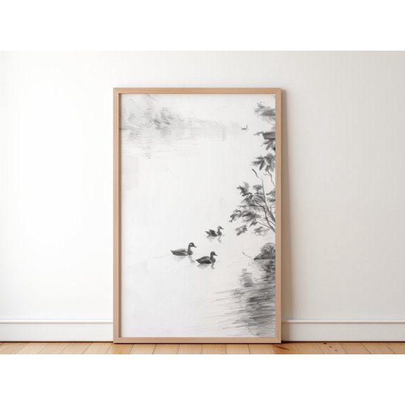 Sketch Of Three Ducks Swimming In A Lake Wall Art Serene Decor Gift For Animal Lovers Cute Ducks In Nature Present For Pet Owner, Unframed Paper Print