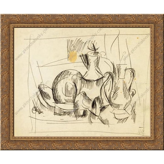 Sketch a still life with copper jugs 24x20 Gold Ornate Wood Framed Canvas Art by Pyotr Konchalovsky