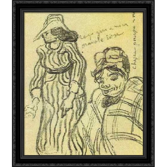 Sketch of a Lady with Striped Dress and Hat and of Another Lady, Half-Figure 28x34 Large Black Ornate Wood Framed Canvas Art by Vincent van Gogh