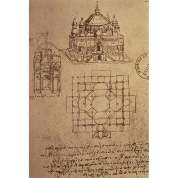 Sketch of a Square Church with Central Dome & Minaret Pen & Ink Leonardo da Vinci 1452-1519 Italian Bibliotheque Poster Print