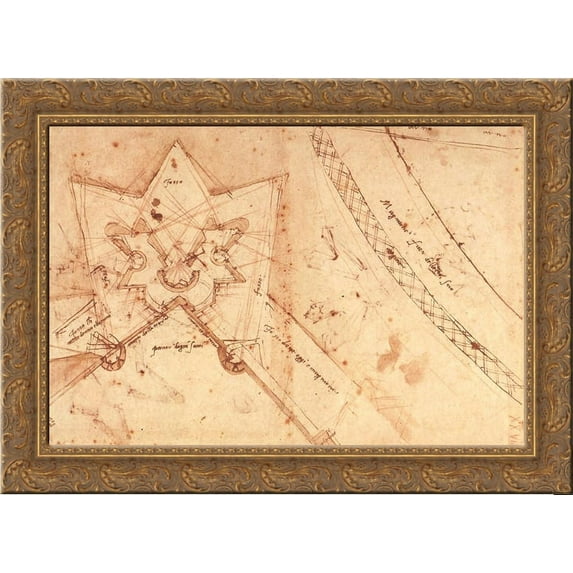 Sketch of fortifications of Porta del Prato in Florence (ground floor plan) 24x20 Gold Ornate Wood Framed Canvas Art by Michelangelo