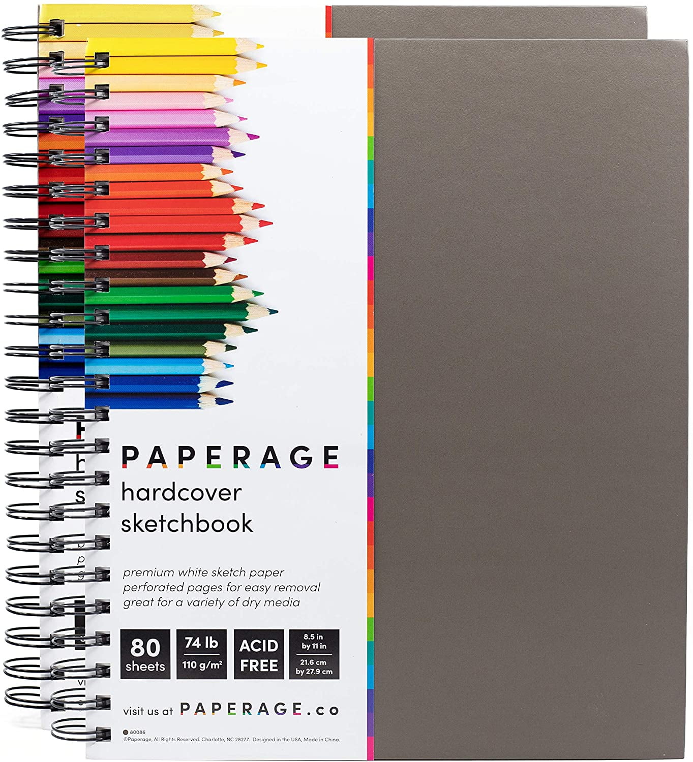 Sketchbook 2 Pack, Hardcover Spiral Bound Sketch Pad, 80 Sheets, 74 lb White Acid Free Drawing Paper with Perforated 8.5 in by 11 in Pages, for Professional Artists and Students, Side Bound, Grey