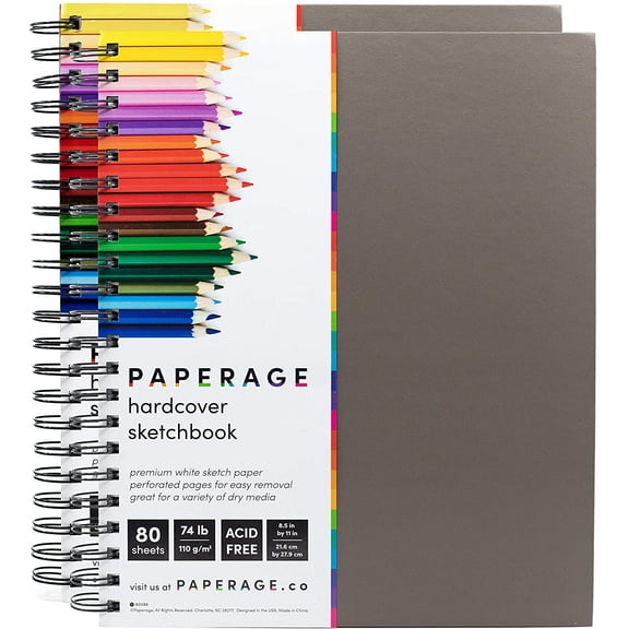 Sketchbook 2 Pack, Hardcover Spiral Bound Sketch Pad, 80 Sheets, 74 lb White Acid Free Drawing Paper with Perforated 8.5 in by 11 in Pages, for Professional Artists and Students, Side Bound, Grey