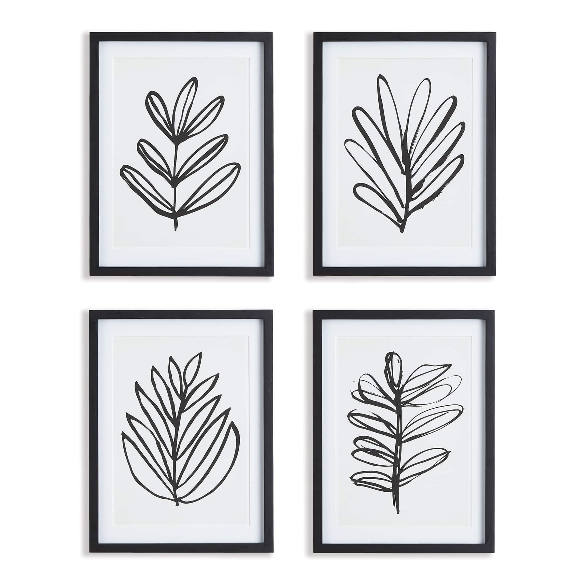 Black and White Sketched Leaf Prints Set of 4