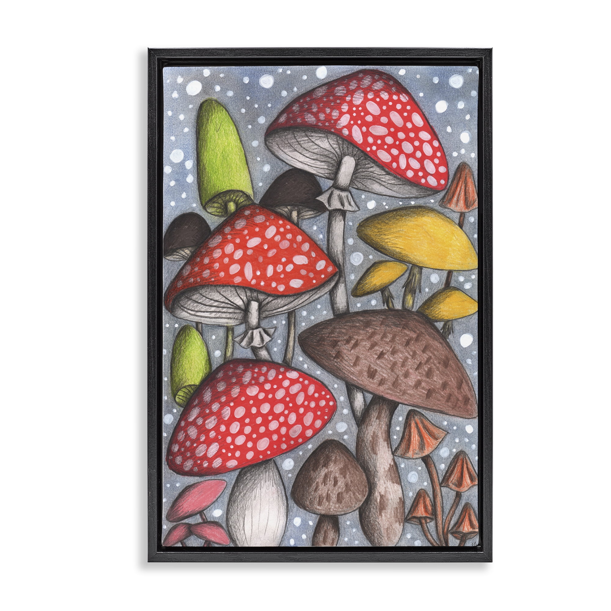 Sketched Magical Mushrooms Black Framed Floater Canvas Wall Art, design by Cecilia Battaini