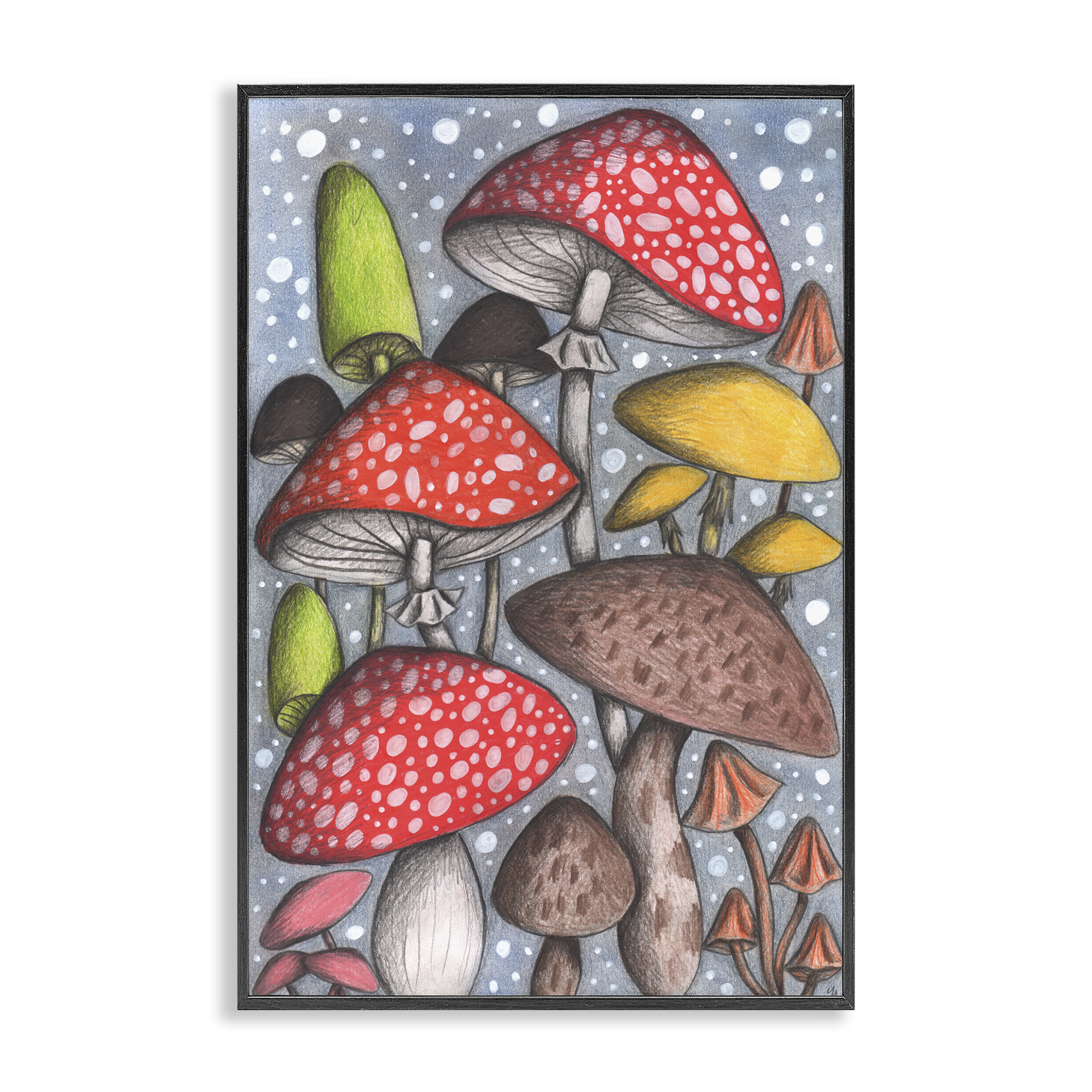 Sketched Magical Mushrooms Black Framed Giclee Art, design by Cecilia Battaini
