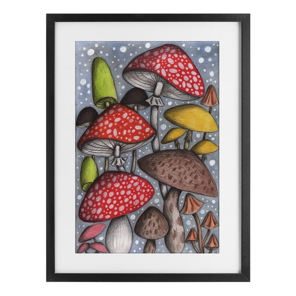 Sketched Magical Mushrooms Black Framed Print Under Glass, design by Cecilia Battaini