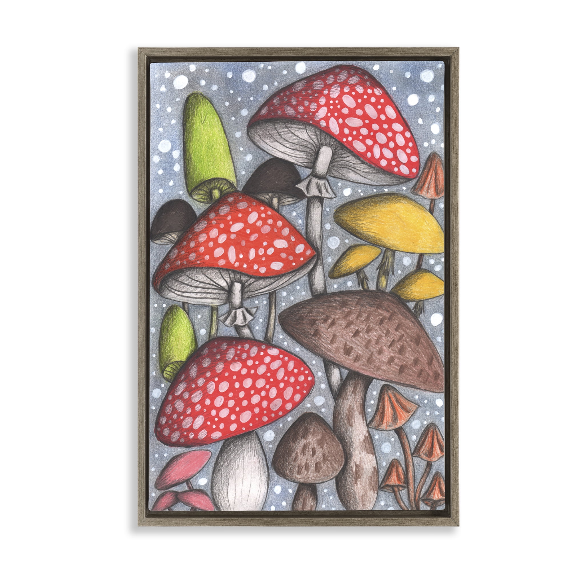 Sketched Magical Mushrooms Brown Framed Floater Canvas Wall Art, design by Cecilia Battaini