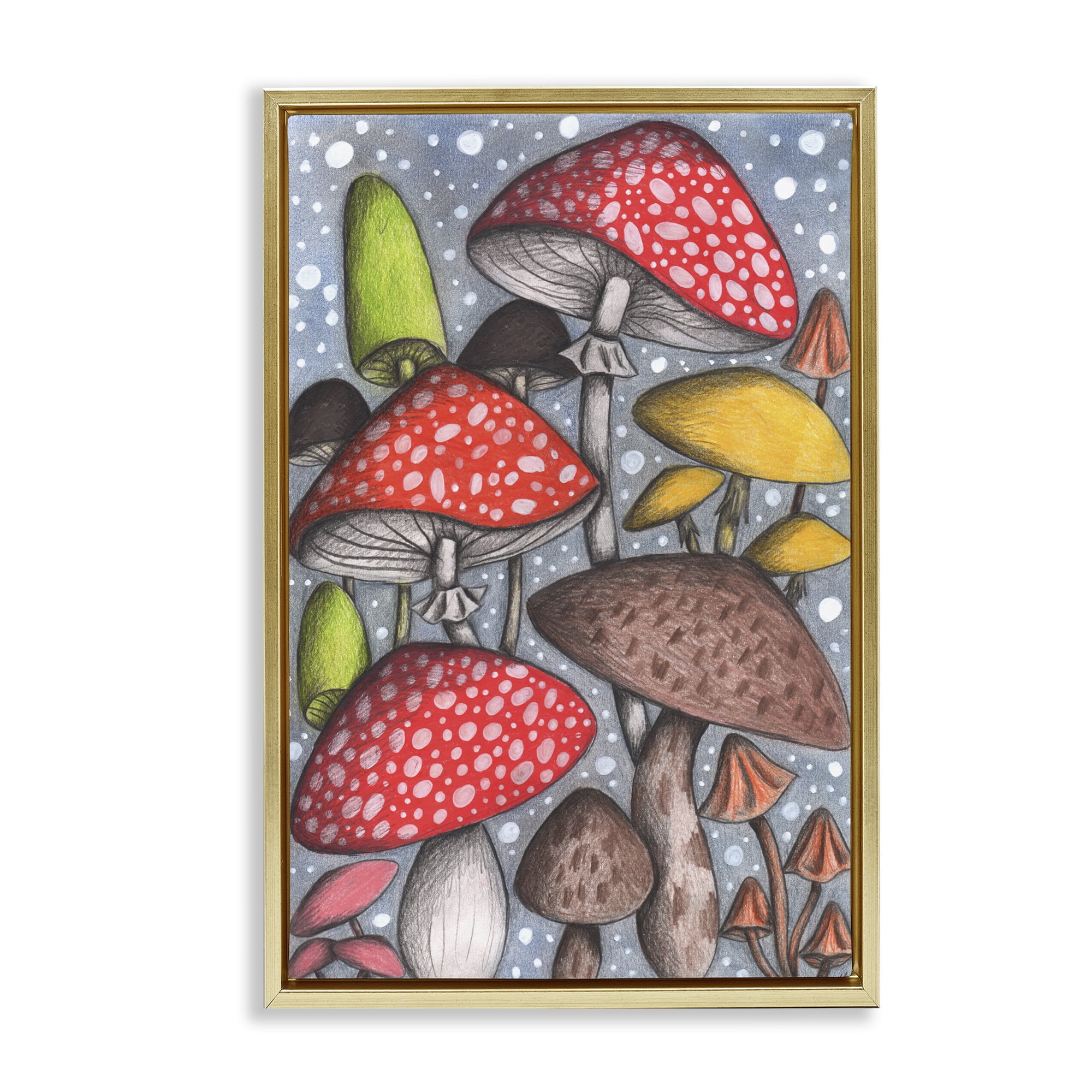 Sketched Magical Mushrooms Gold Framed Floater Canvas Wall Art, design by Cecilia Battaini