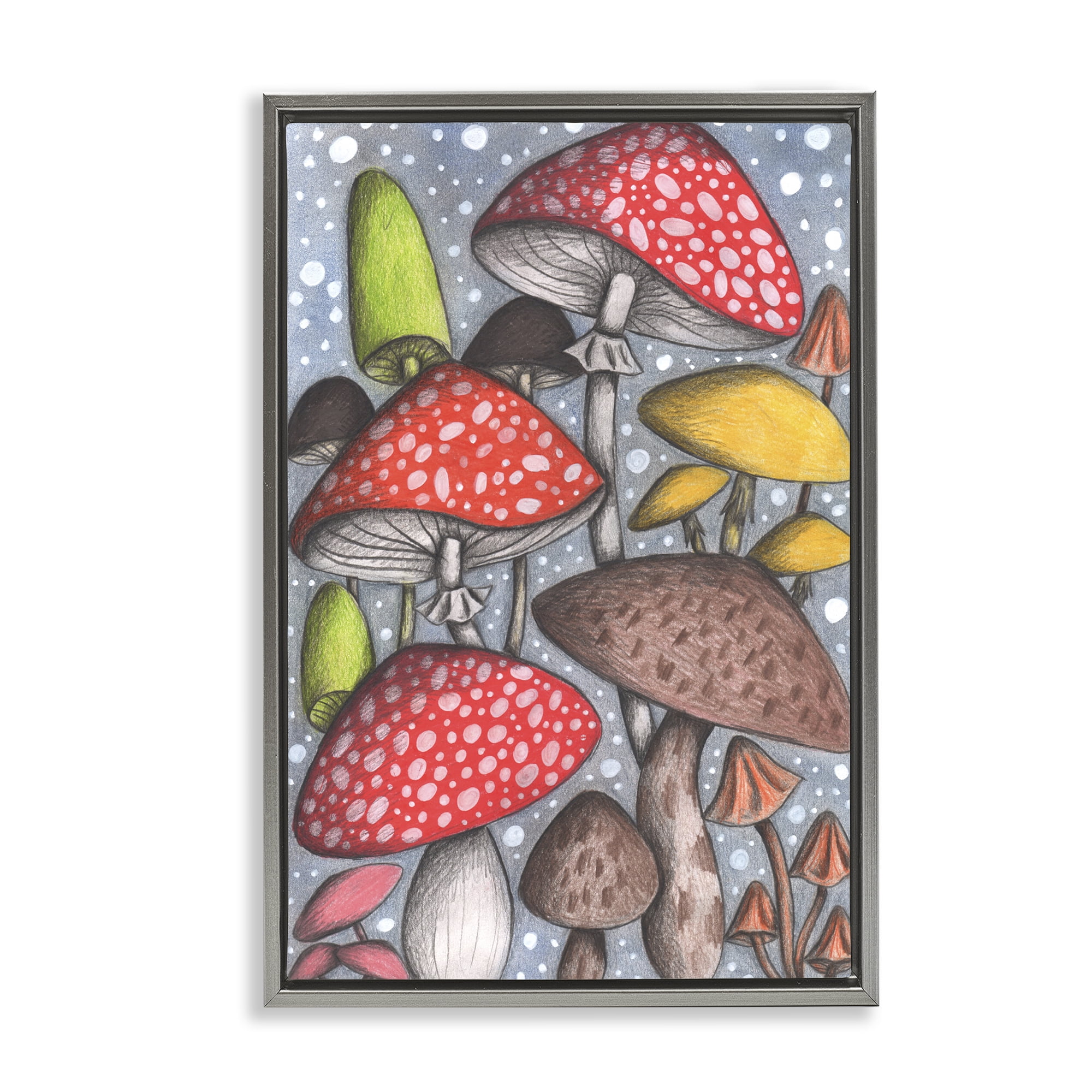 Sketched Magical Mushrooms Gray Framed Floater Canvas Wall Art, design by Cecilia Battaini