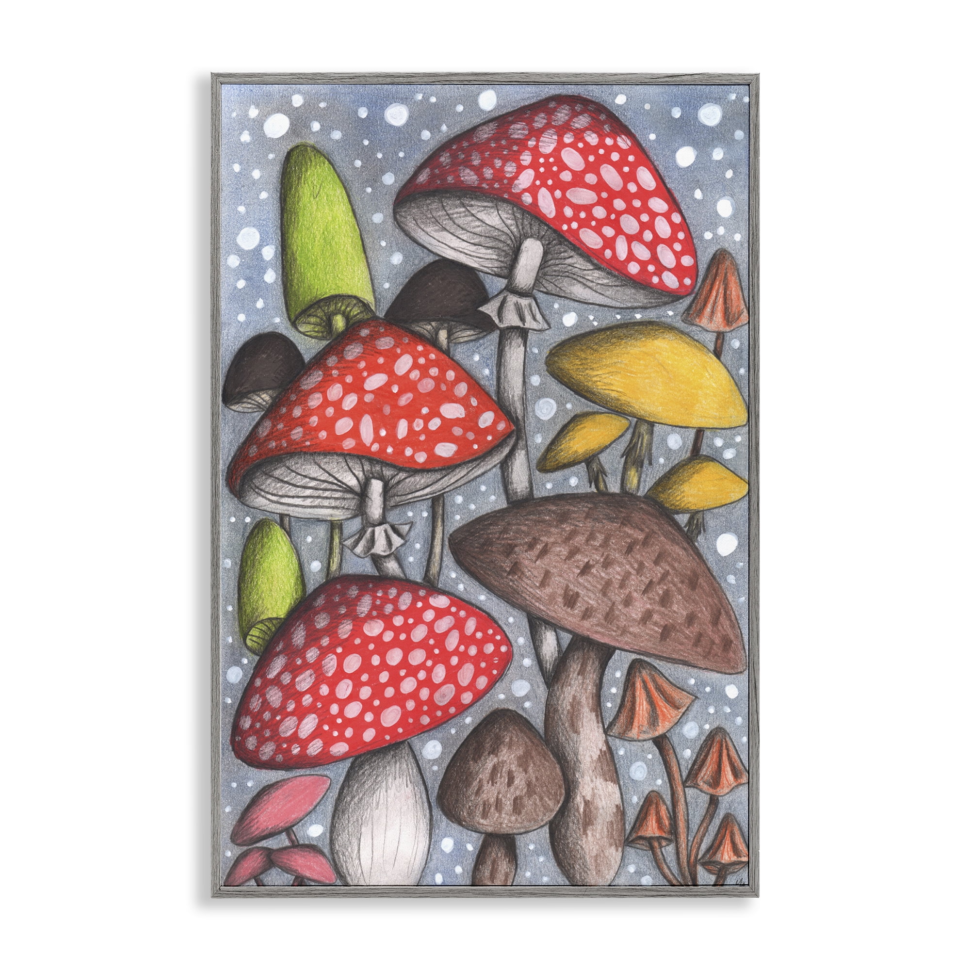 Sketched Magical Mushrooms Gray Framed Giclee Art, design by Cecilia Battaini