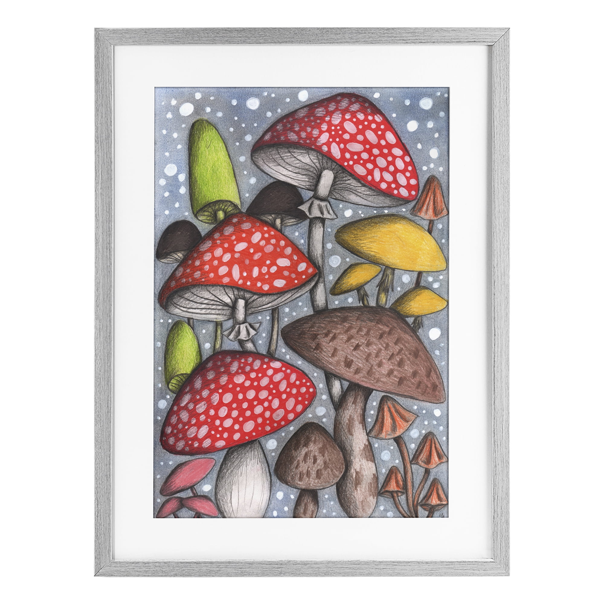 Sketched Magical Mushrooms Gray Framed Print Under Glass, design by Cecilia Battaini