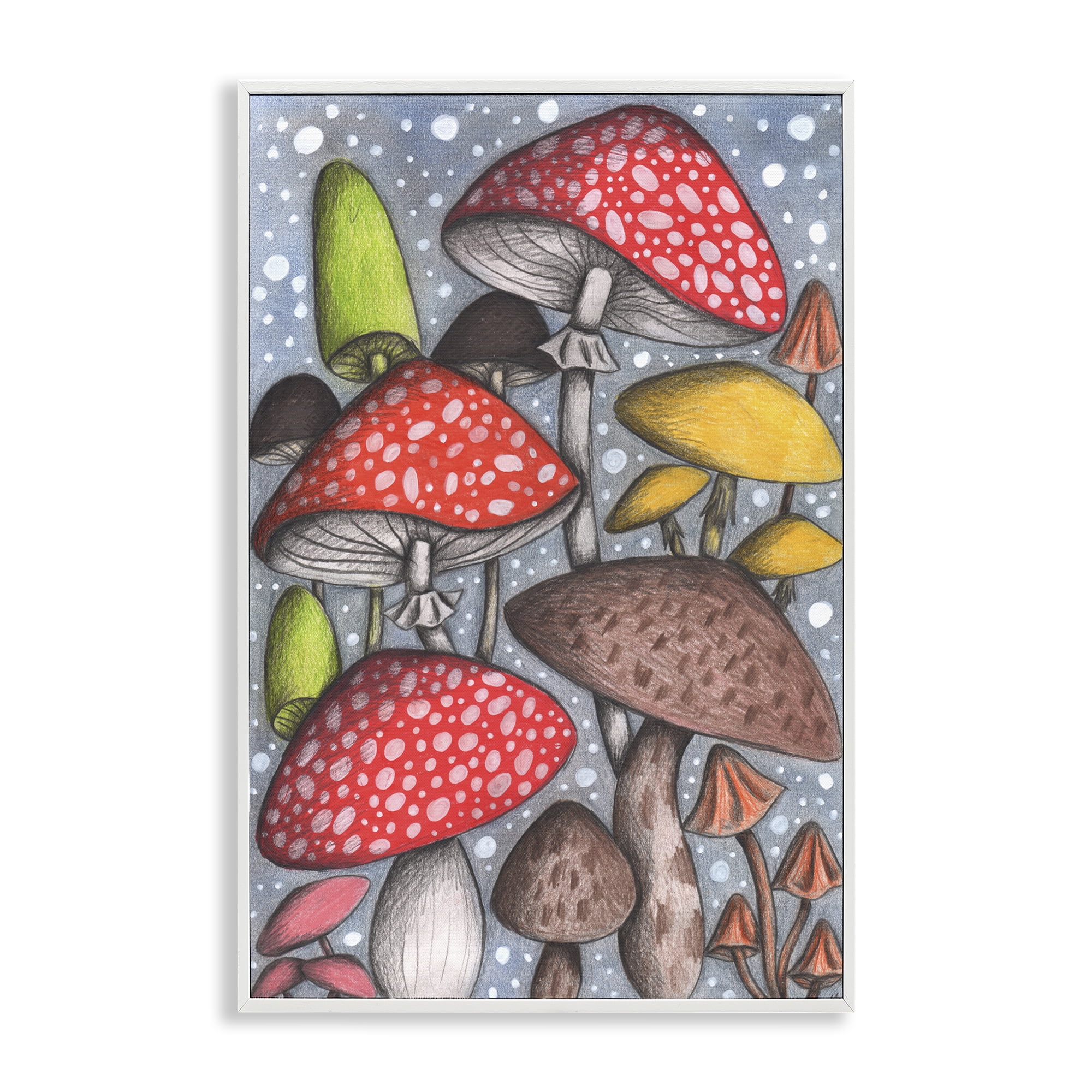 Sketched Magical Mushrooms White Framed Giclee Art, design by Cecilia Battaini