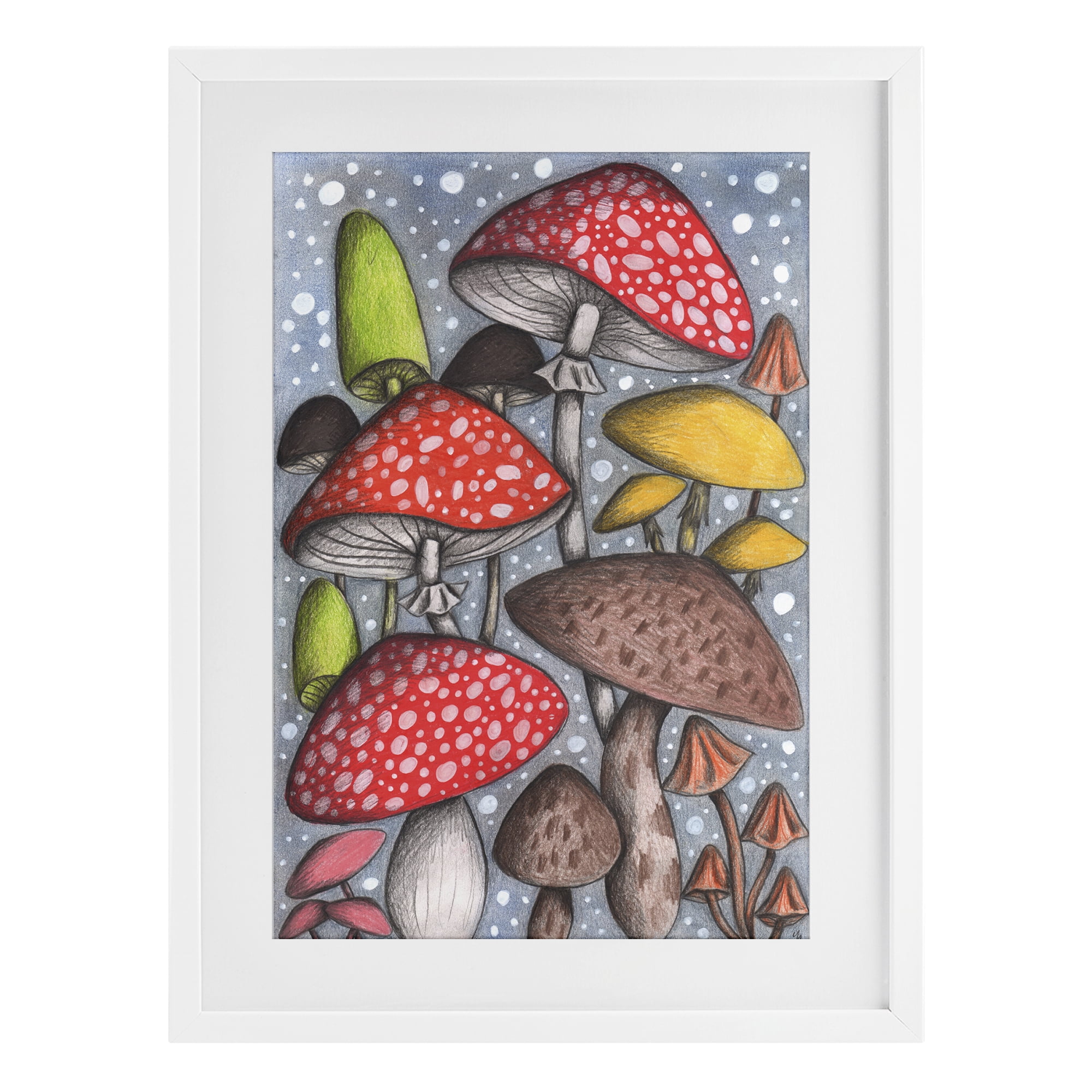Sketched Magical Mushrooms White Framed Print Under Glass, design by Cecilia Battaini
