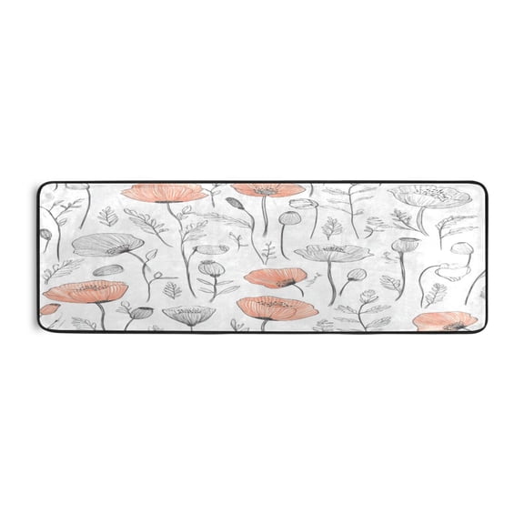 Sketched Poppies 72x24" Runner Rug, Non-Slip Memory Foam Cushion, Anti-Crease for Hallways and Bedrooms