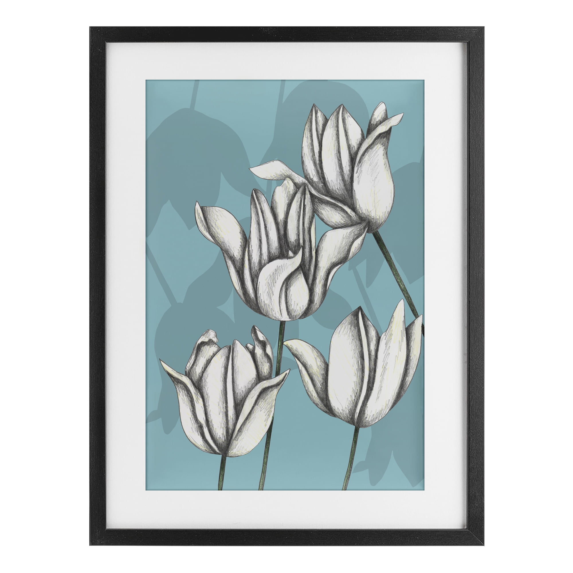 Sketched Tulips Keep Growing Black Framed Print Under Glass, design by Cecilia Battaini