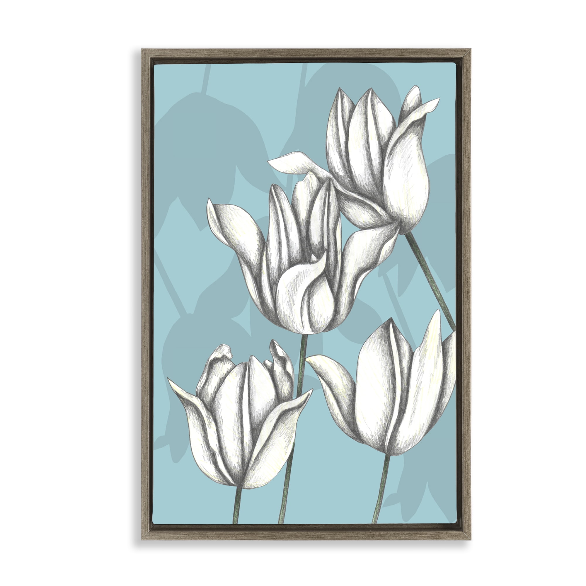 Sketched Tulips Keep Growing Brown Framed Floater Canvas Wall Art, design by Cecilia Battaini