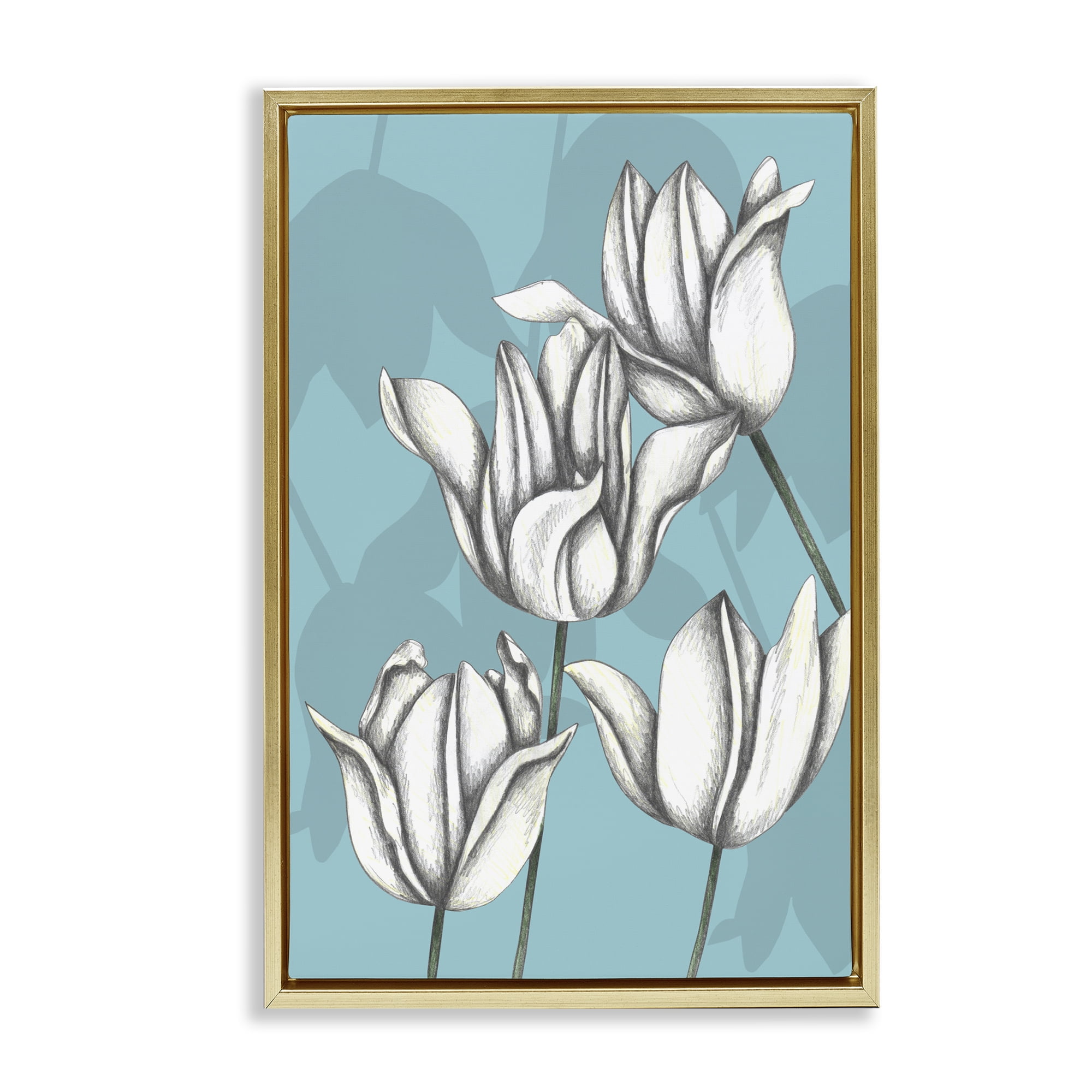 Sketched Tulips Keep Growing Gold Framed Floater Canvas Wall Art, design by Cecilia Battaini