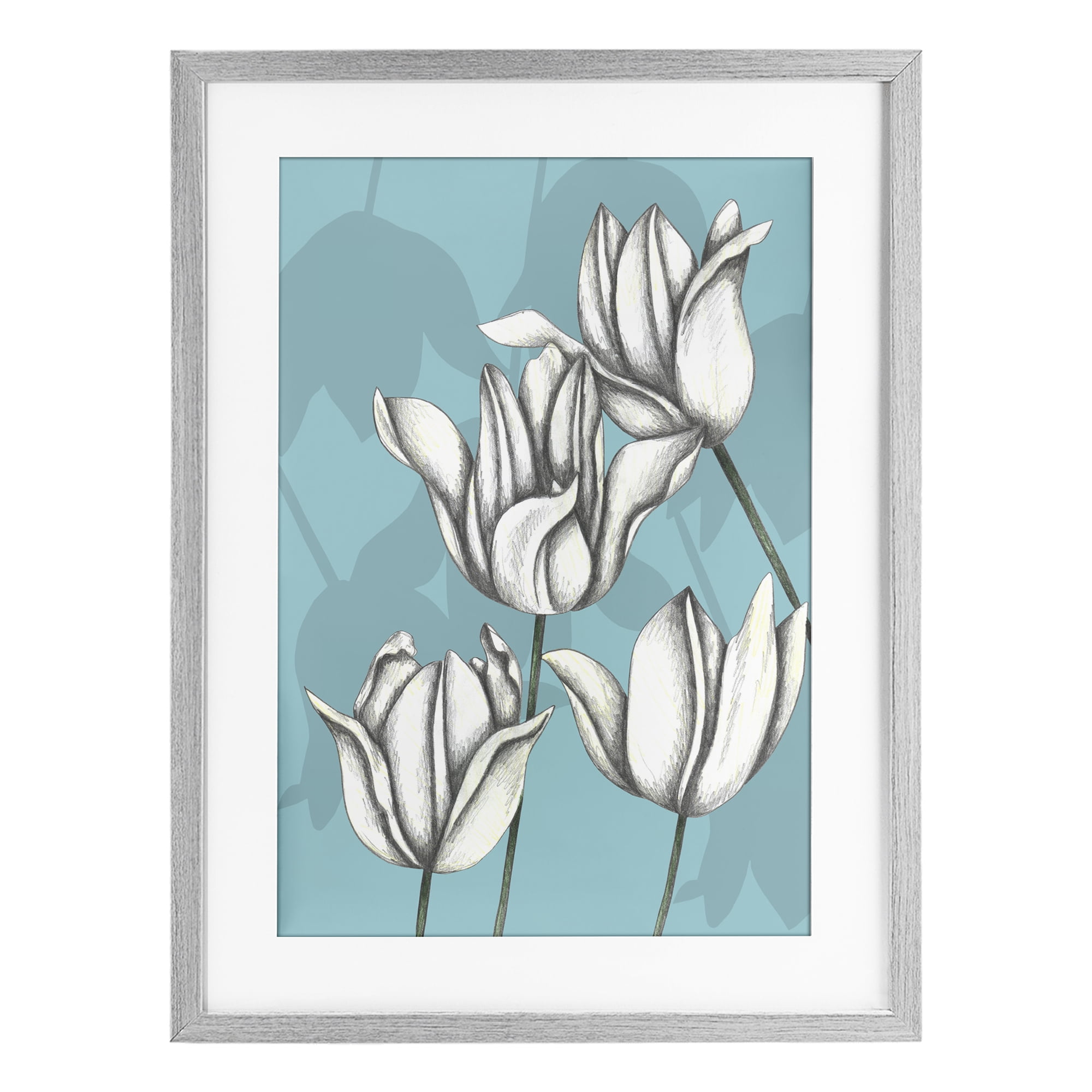 Sketched Tulips Keep Growing Gray Framed Print Under Glass, design by Cecilia Battaini
